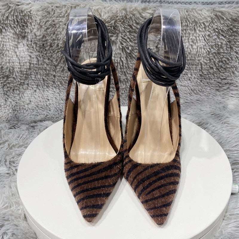 Dark Brown Hairy Zebra Women Pointed Toe Ankle Strap Slingbacks Stiletto Pumps Sexy Ladies Comfortable High Heel Shoes - House of Cardwell