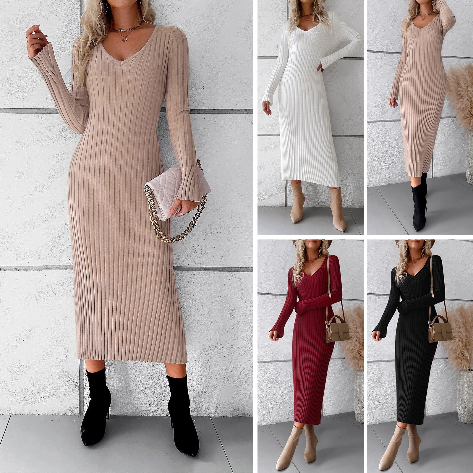 European and American women's autumn and winter elegant V-neck long sleeved woolen dress eprolo