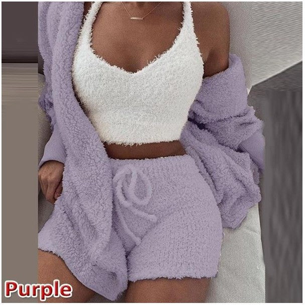 HOC Winter Plush Home Wear, Casual 3Pcs Pajamas Long Sleeved Shorts Sports Set eprolo