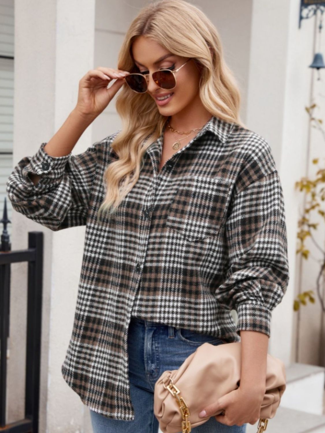 Throw -It-On Plaid Collared Neck Long Sleeve Shirt - House of Cardwell