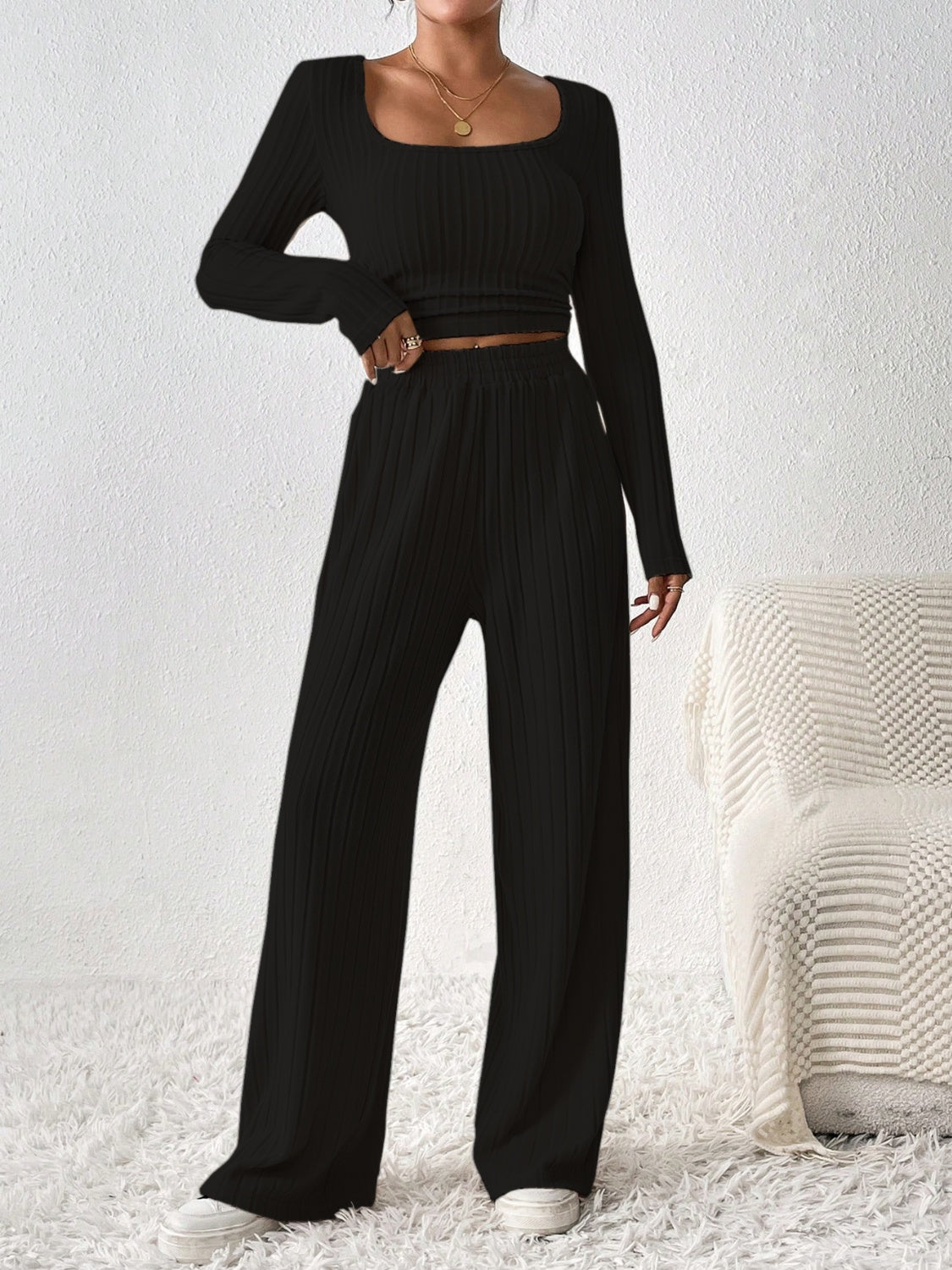 Honey Scoop Neck Long Sleeve Top and Pants Set Trendsi