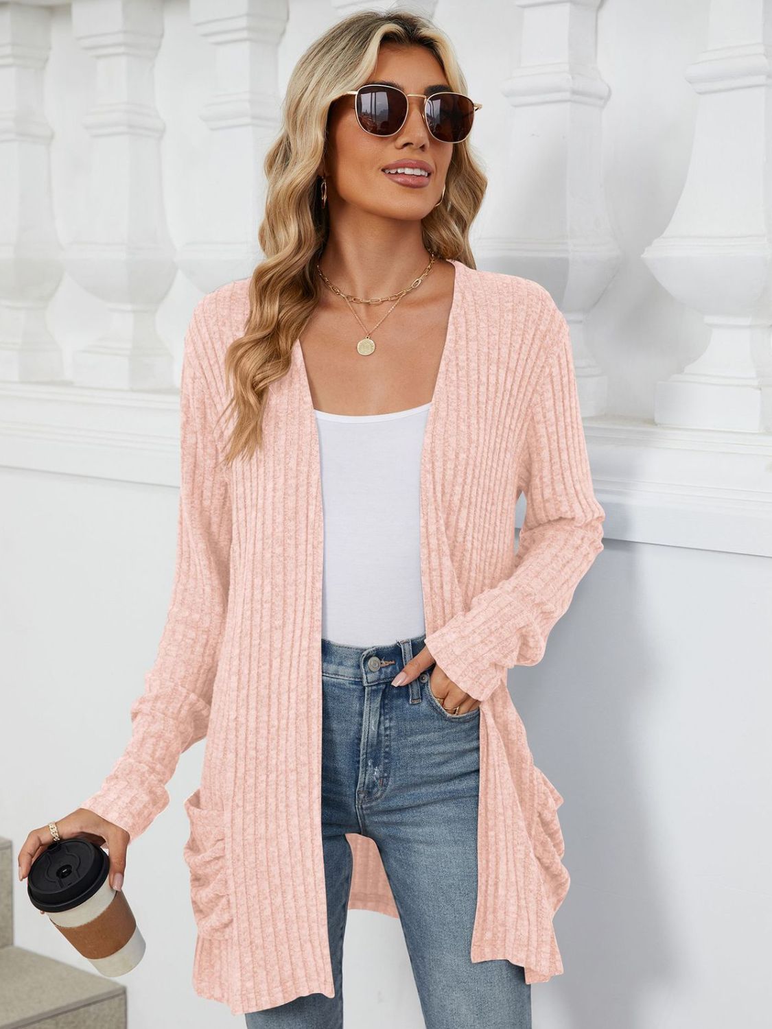 Pocketed Open Front Long Sleeve Cardigan Trendsi