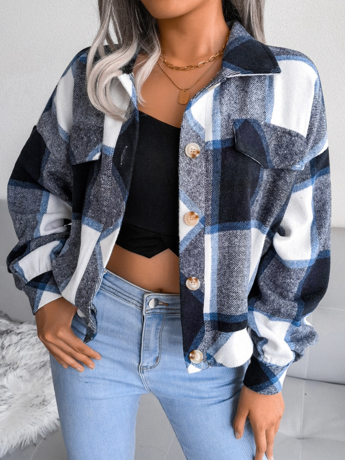 Plaid Collared Neck Long Sleeve Jacket Trendsi