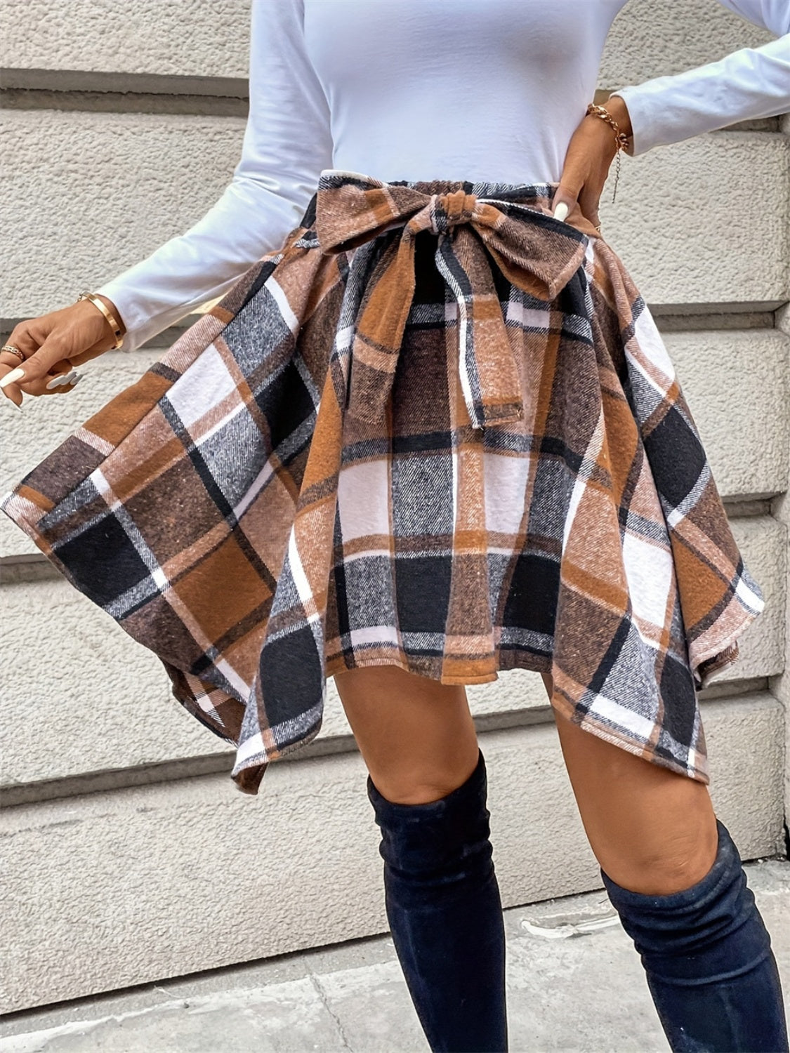 Tied Plaid Asymmetrical Hem Skirt Trendsi