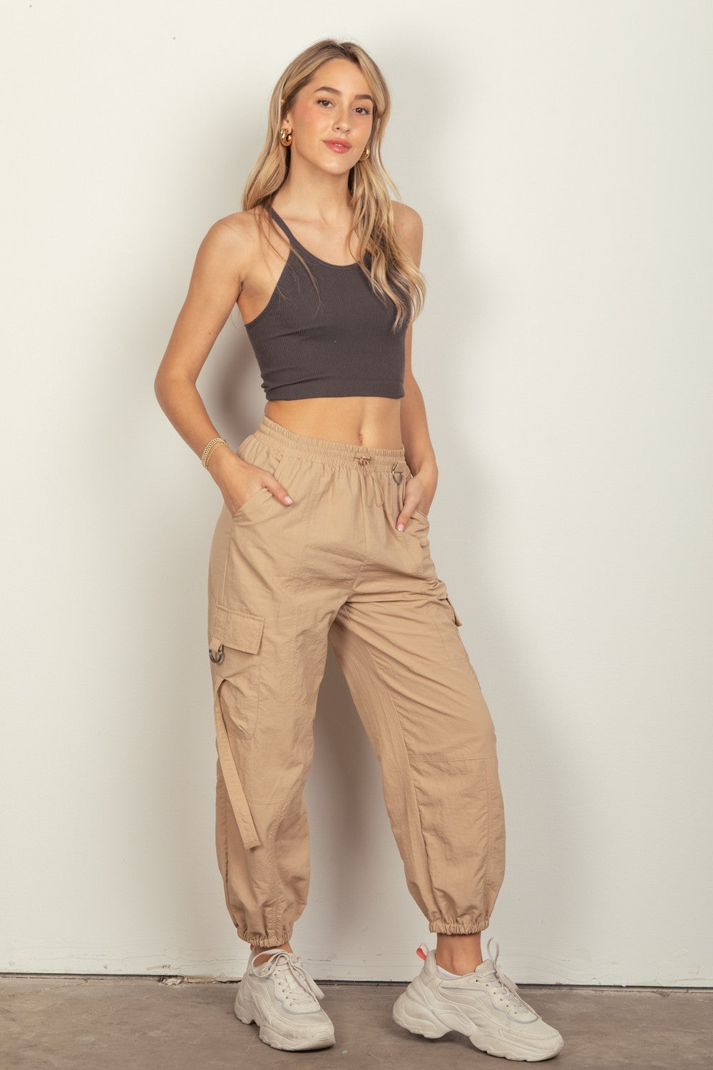 VERY J Elastic Waist Woven Cargo Pants Trendsi