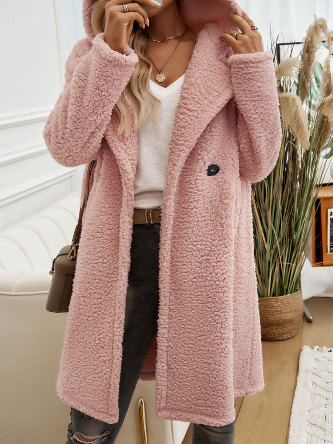 Devine Pocketed Long Sleeve Hooded Teddy Coat Trendsi