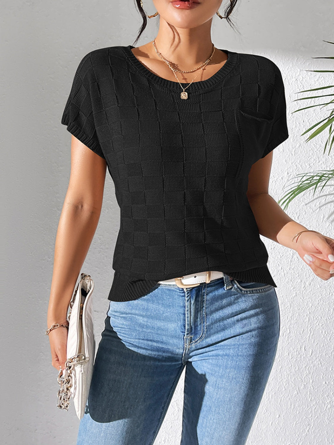 Round Neck Short Sleeve Knit Top - House of Cardwell