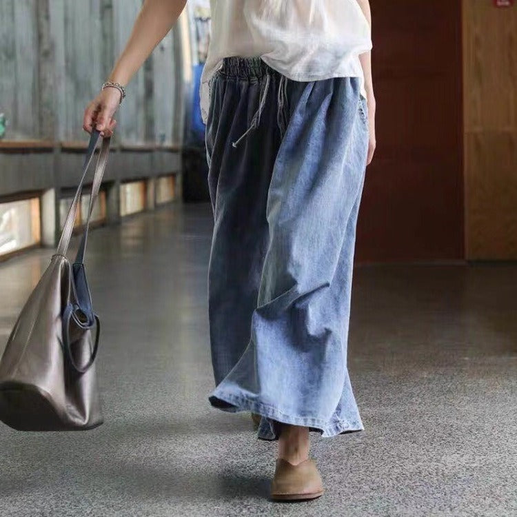 Washed jeans, wide leg pants, retro loose fit, oversized elastic waist tie up pants skirt - House of Cardwell