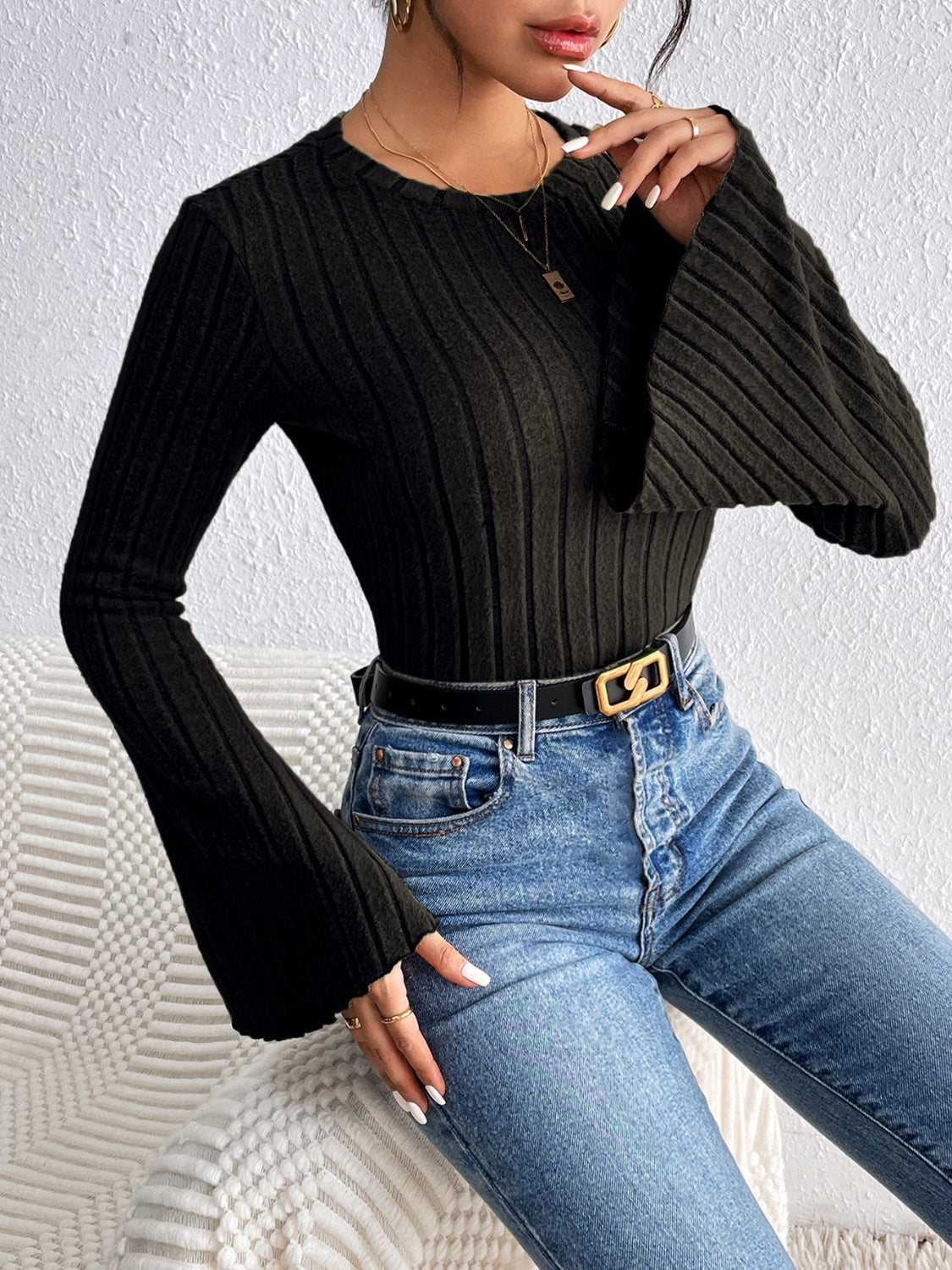 Honey Round Neck Flare Sleeve T-Shirt Trendsi