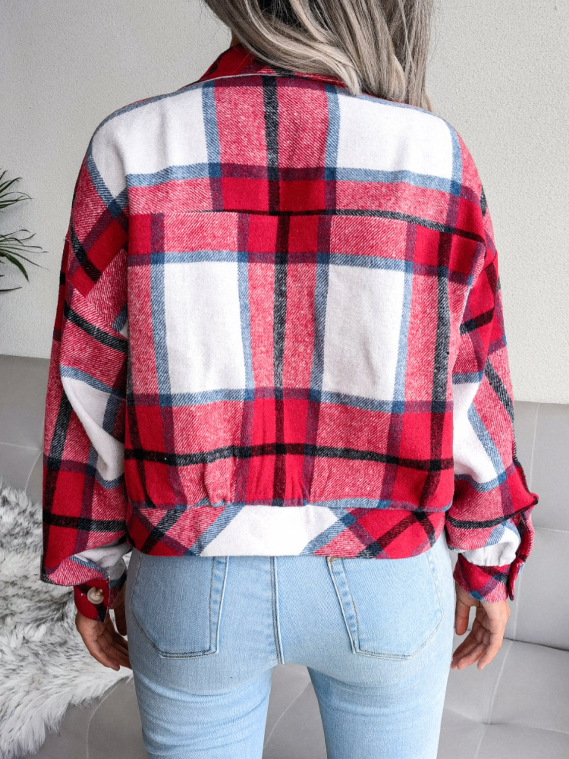 Plaid Collared Neck Long Sleeve Jacket Trendsi