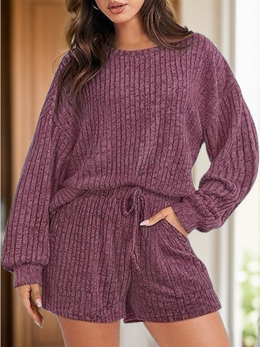 I Simply Love This! Comfy and Warm Round Neck Dropped Shoulder Top and Shorts Set Trendsi