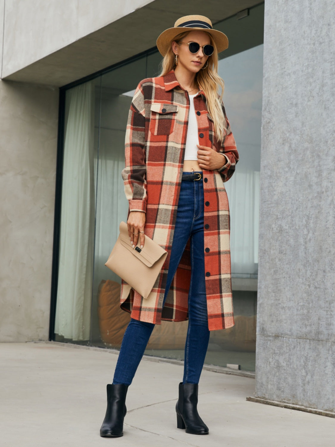 Plaid Pocketed Button Up Trench Coat Trendsi