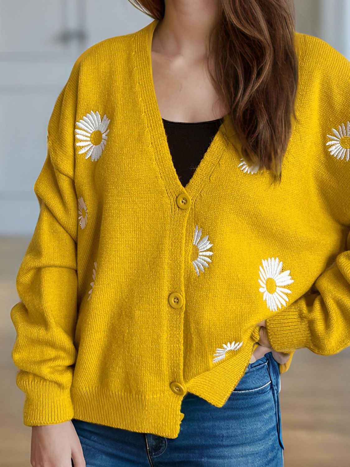 Daisy Button Up V-Neck Cardigan Trendsi