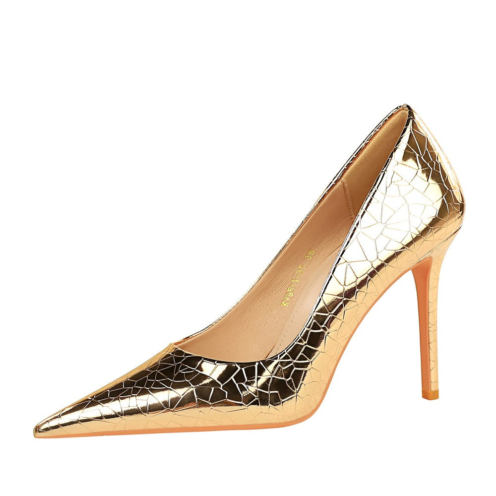 Stylish nightclub thin high heeled shoes stiletto ultra high heeled shallow mouth pointed metal wind single shoes women shoes - House of Cardwell