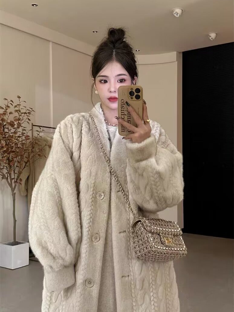 Thick and long plus knee length mink fur cardigan coat with integrated fur and eco-friendly fur coat eprolo