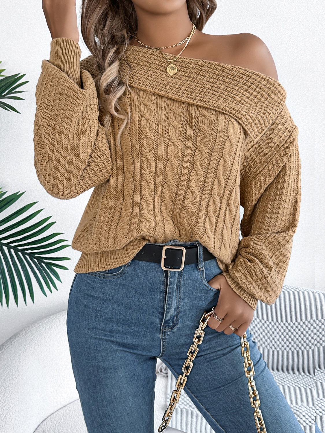 Cable-Knit One Shoulder Long Sleeve Sweater Trendsi