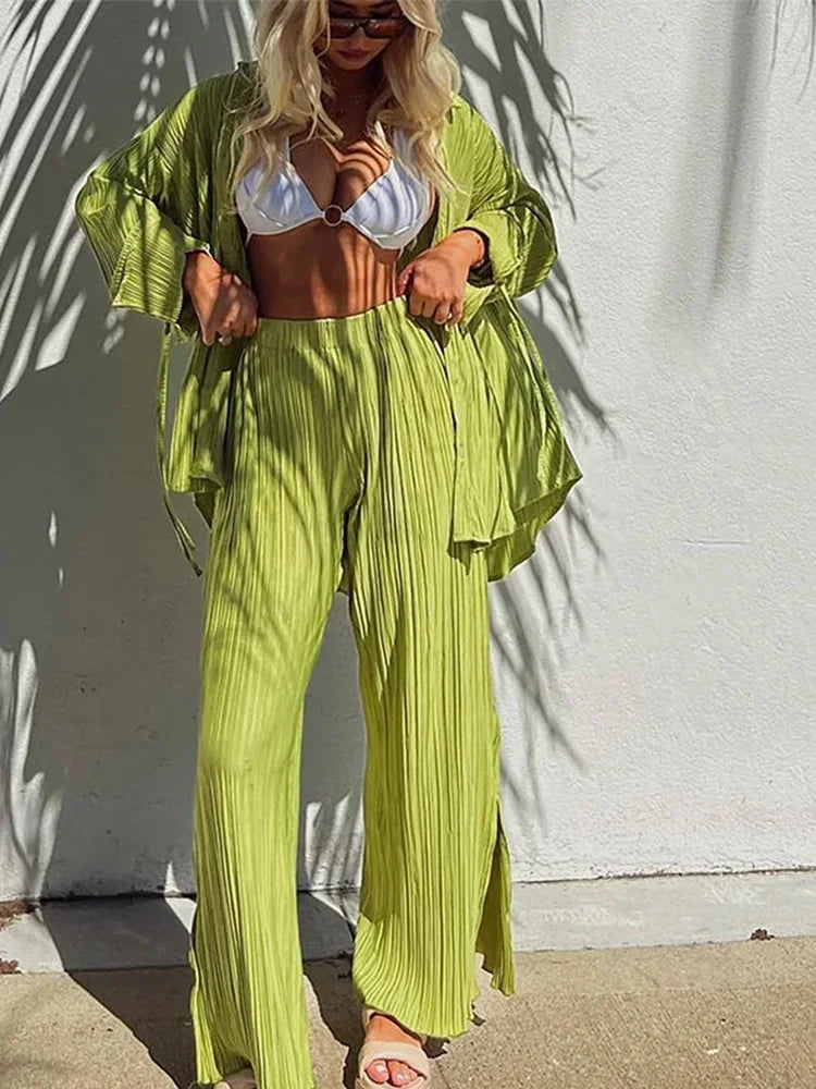 Solid color pleated long sleeved cardigan shirt split top pants two-piece set - House of Cardwell