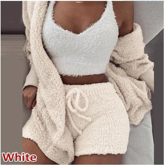 HOC Winter Plush Home Wear, Casual 3Pcs Pajamas Long Sleeved Shorts Sports Set eprolo