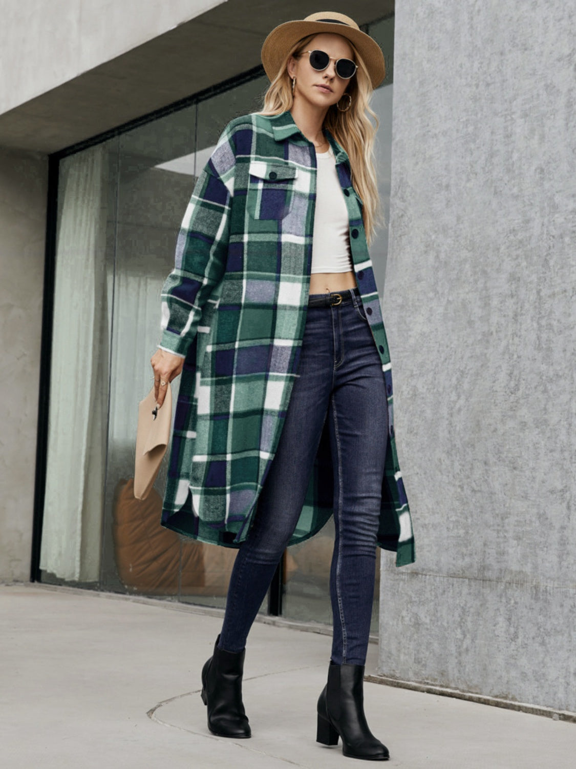 Plaid Pocketed Button Up Trench Coat Trendsi