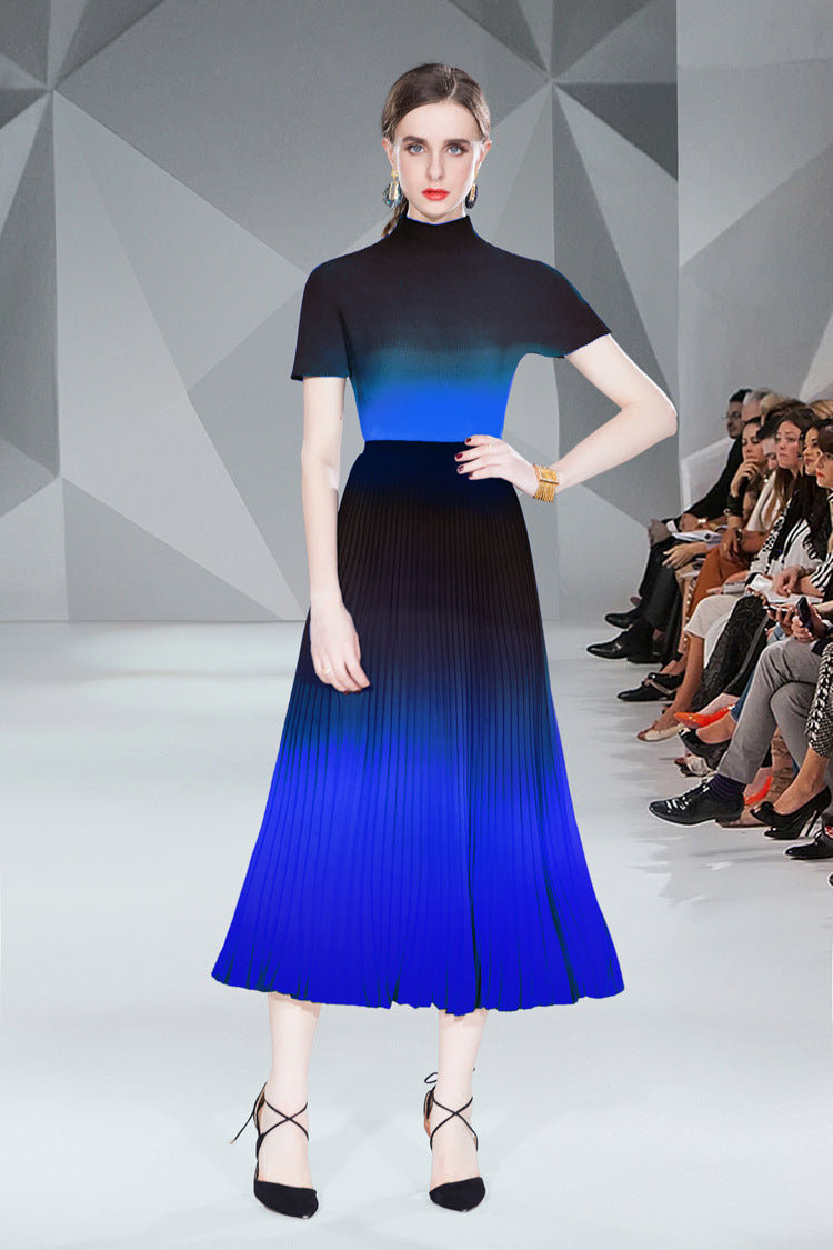 Miyake Pleated Gradient Smudged Pleated Shirt + Pleated Skirt Two-Piece For Women - House of Cardwell