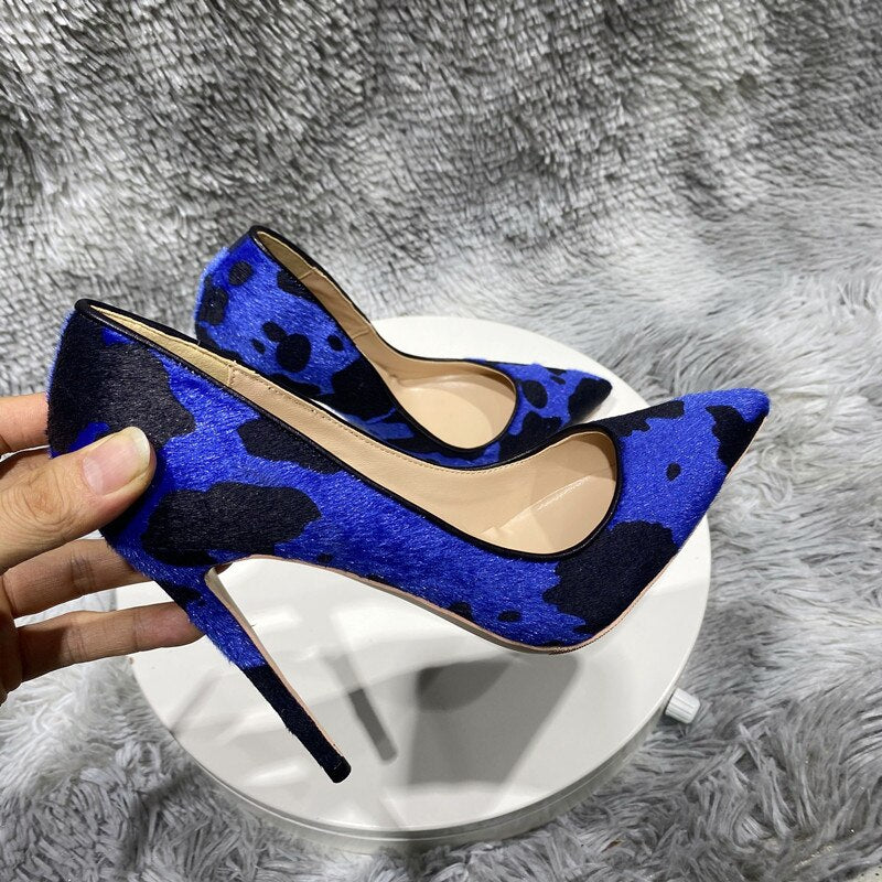 Tikicup Blue Cow Women Hairy Flock Pointy Toe High Heel Shoes Comfortable Elegant Ladies Formal Dress Slip On Stiletto Pumps - House of Cardwell