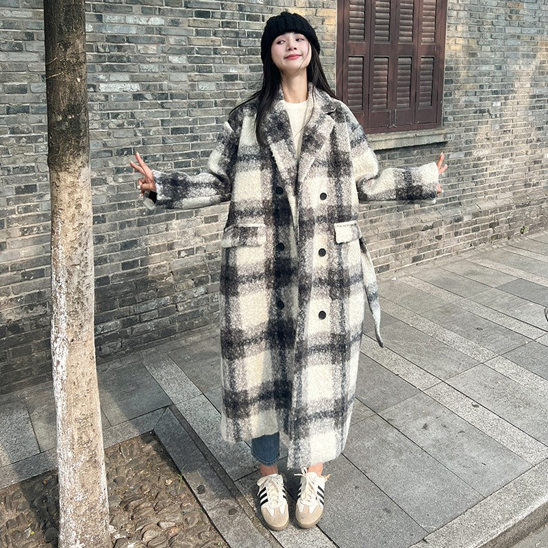 Retro plaid woolen coat women's autumn and winter Korean version loose and thick mid to long over the knee woolen coat eprolo