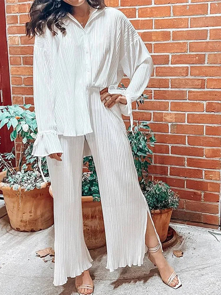 Solid color pleated long sleeved cardigan shirt split top pants two-piece set - House of Cardwell