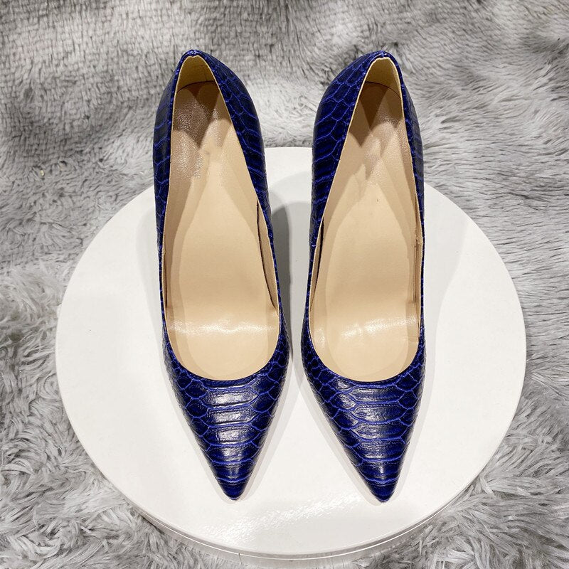 Navy Blue Crocodile Effect Pattern Women Sext Pointy Toe High Heel Shoes Chic Ladies Slip On Stiletto Pumps - House of Cardwell