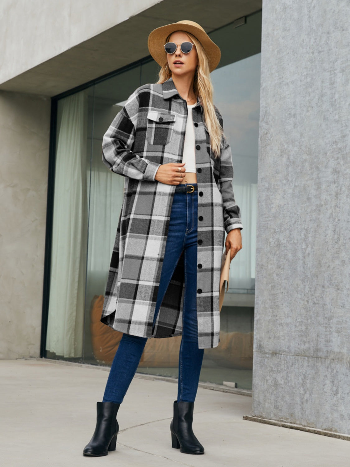 Plaid Pocketed Button Up Trench Coat Trendsi