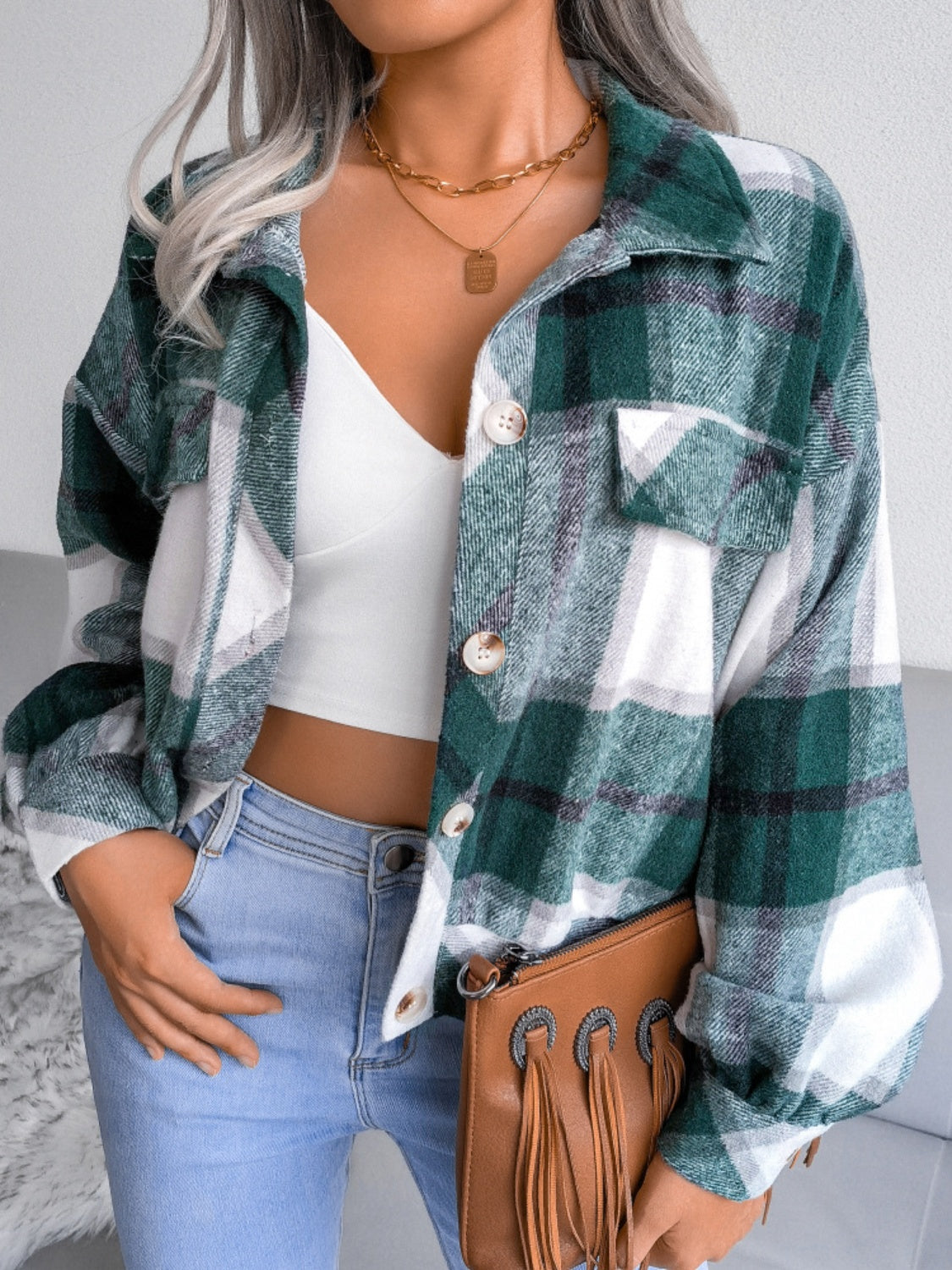 Plaid Collared Neck Long Sleeve Jacket Trendsi