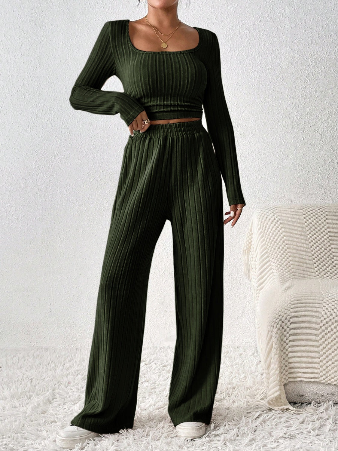 Honey Scoop Neck Long Sleeve Top and Pants Set Trendsi