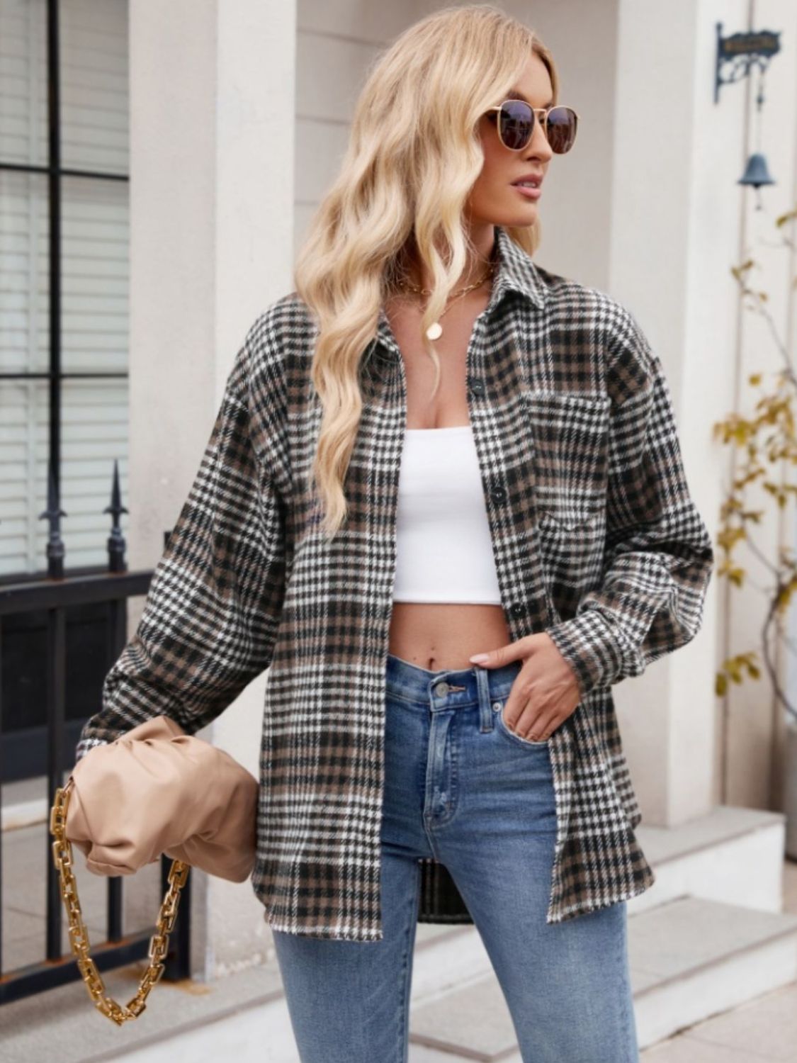 Throw -It-On Plaid Collared Neck Long Sleeve Shirt - House of Cardwell