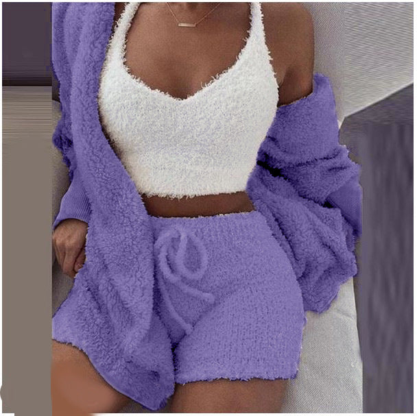 HOC Winter Plush Home Wear, Casual 3Pcs Pajamas Long Sleeved Shorts Sports Set eprolo