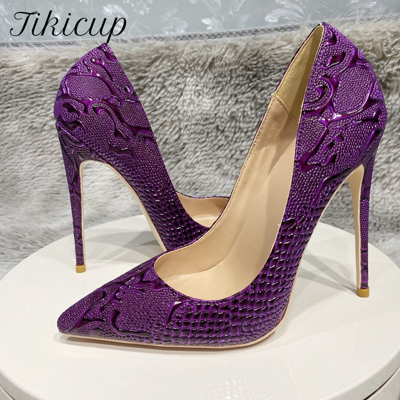 Tikicup Purple Embossed Crocodile Effect Women Pointy Toe Slip On High Heel Shoes for Party Sexy Ladies Dress Stiletto Pumps - House of Cardwell