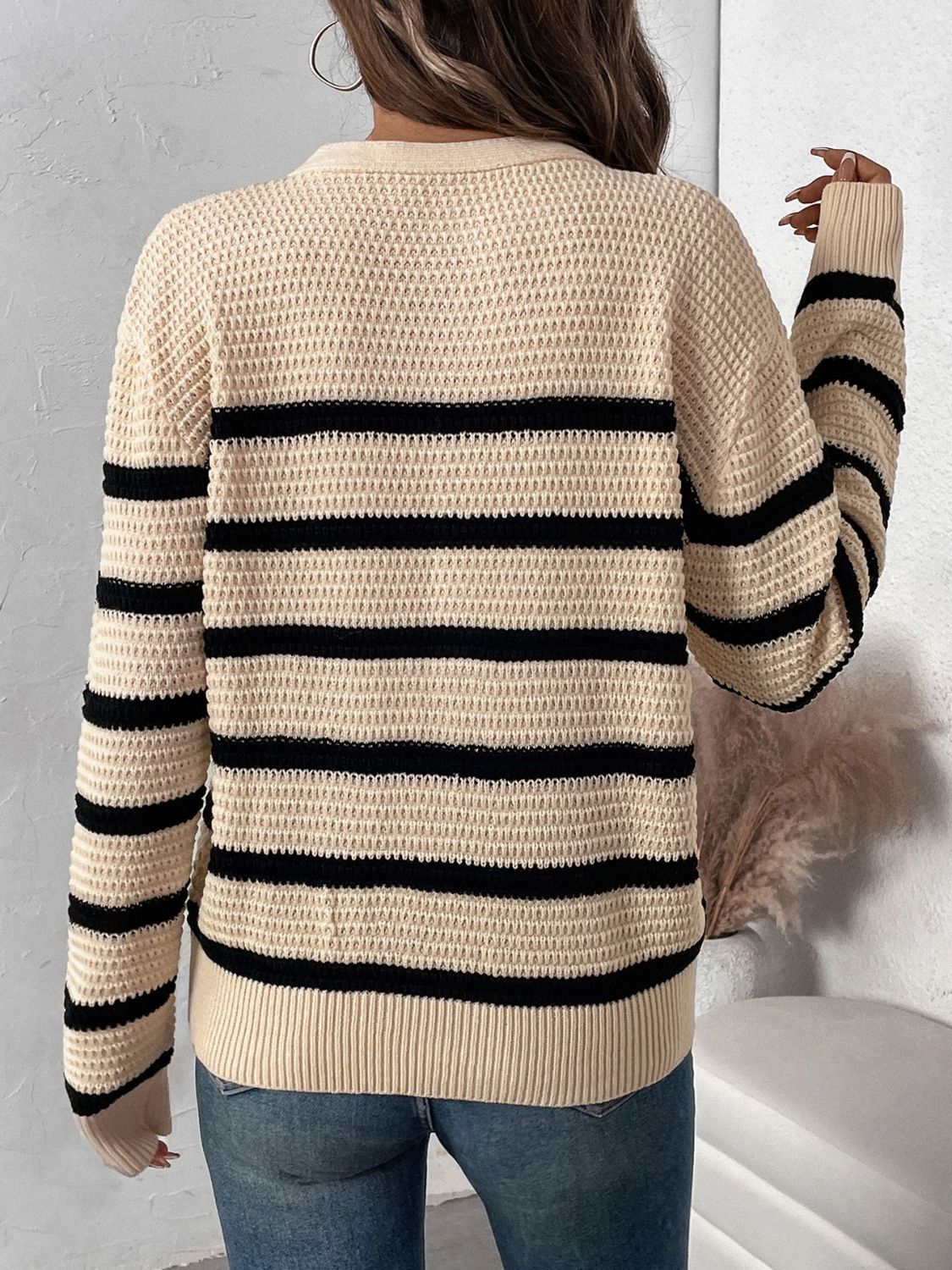 Perfee Striped Half Button Long Sleeve Sweater Trendsi