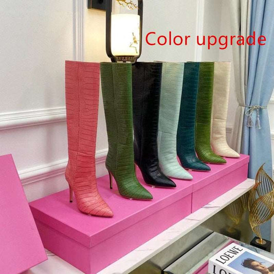 Candy Color Sexy Crocodile Leather Knee-Length High Boots Pointed Toe 10 cm High Heels Fashion Thigh Boots 35-44 Size - House of Cardwell