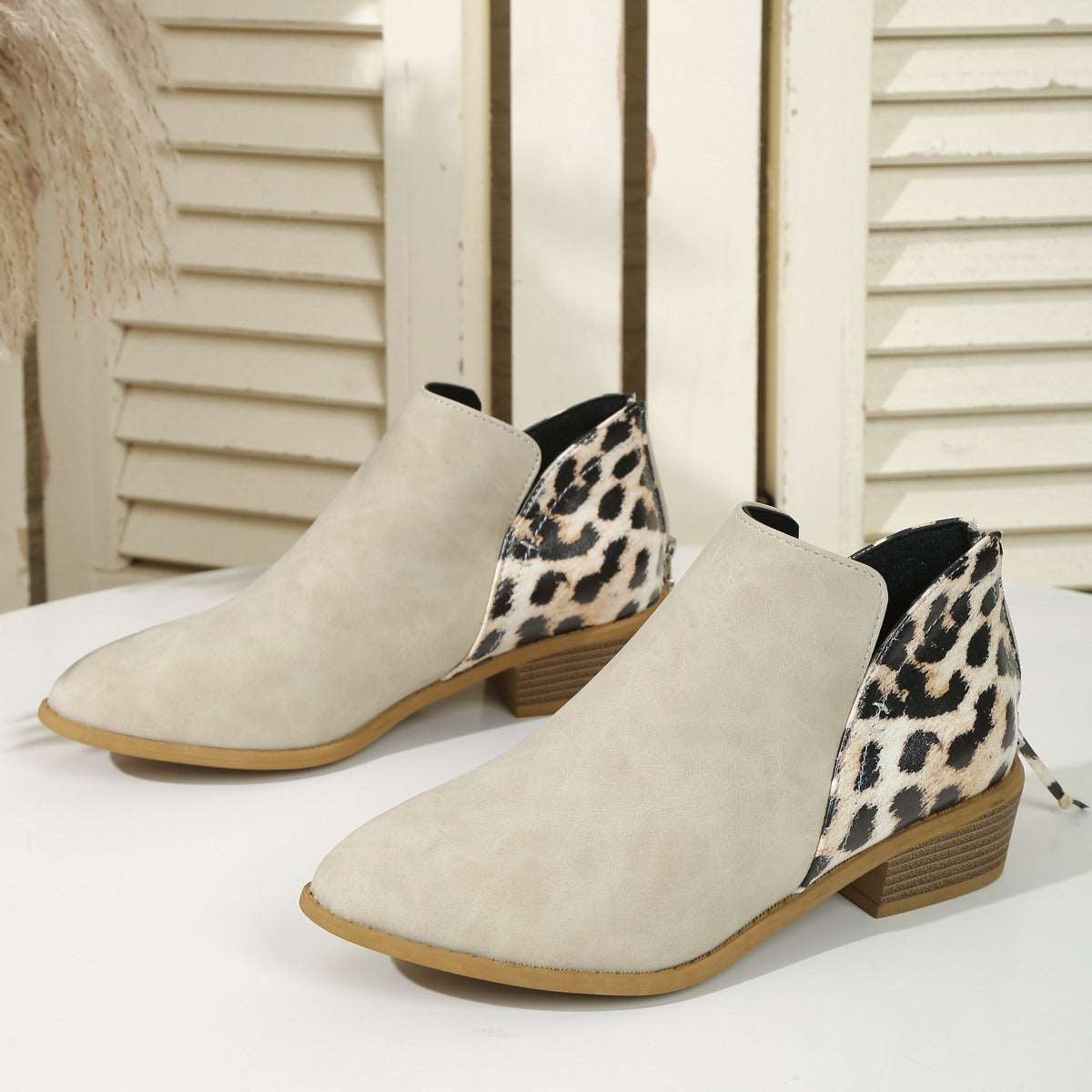 Fashion Leopard Print Boots Women's Pointed Thick Heels Back Zipper Shoes - House of Cardwell