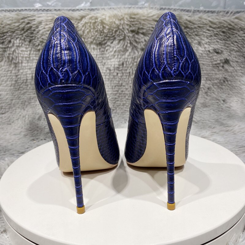 Navy Blue Crocodile Effect Pattern Women Sext Pointy Toe High Heel Shoes Chic Ladies Slip On Stiletto Pumps - House of Cardwell