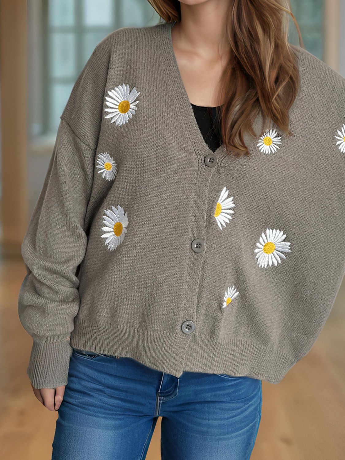 Daisy Button Up V-Neck Cardigan Trendsi