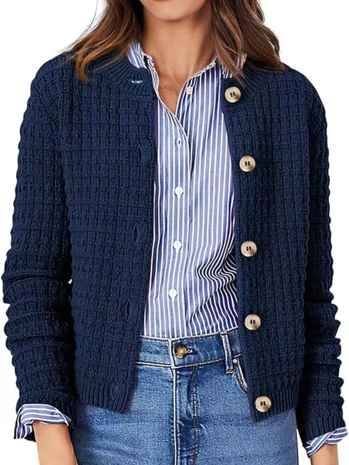 Button Up Round Neck Long Sleeve Cardigan Trendsi