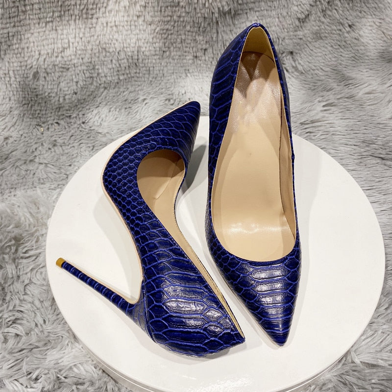 Navy Blue Crocodile Effect Pattern Women Sext Pointy Toe High Heel Shoes Chic Ladies Slip On Stiletto Pumps - House of Cardwell