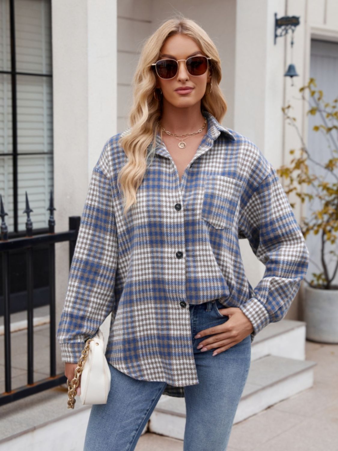 Throw -It-On Plaid Collared Neck Long Sleeve Shirt - House of Cardwell