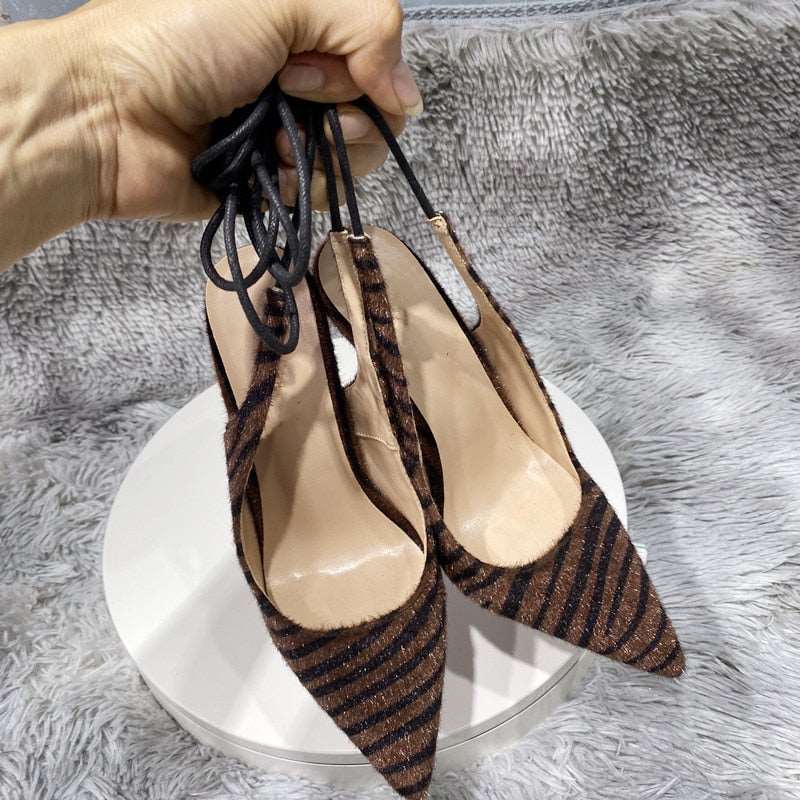 Dark Brown Hairy Zebra Women Pointed Toe Ankle Strap Slingbacks Stiletto Pumps Sexy Ladies Comfortable High Heel Shoes - House of Cardwell