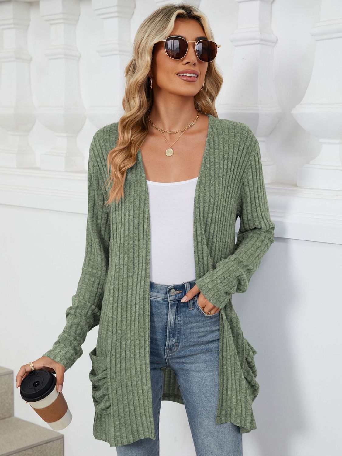 Pocketed Open Front Long Sleeve Cardigan Trendsi