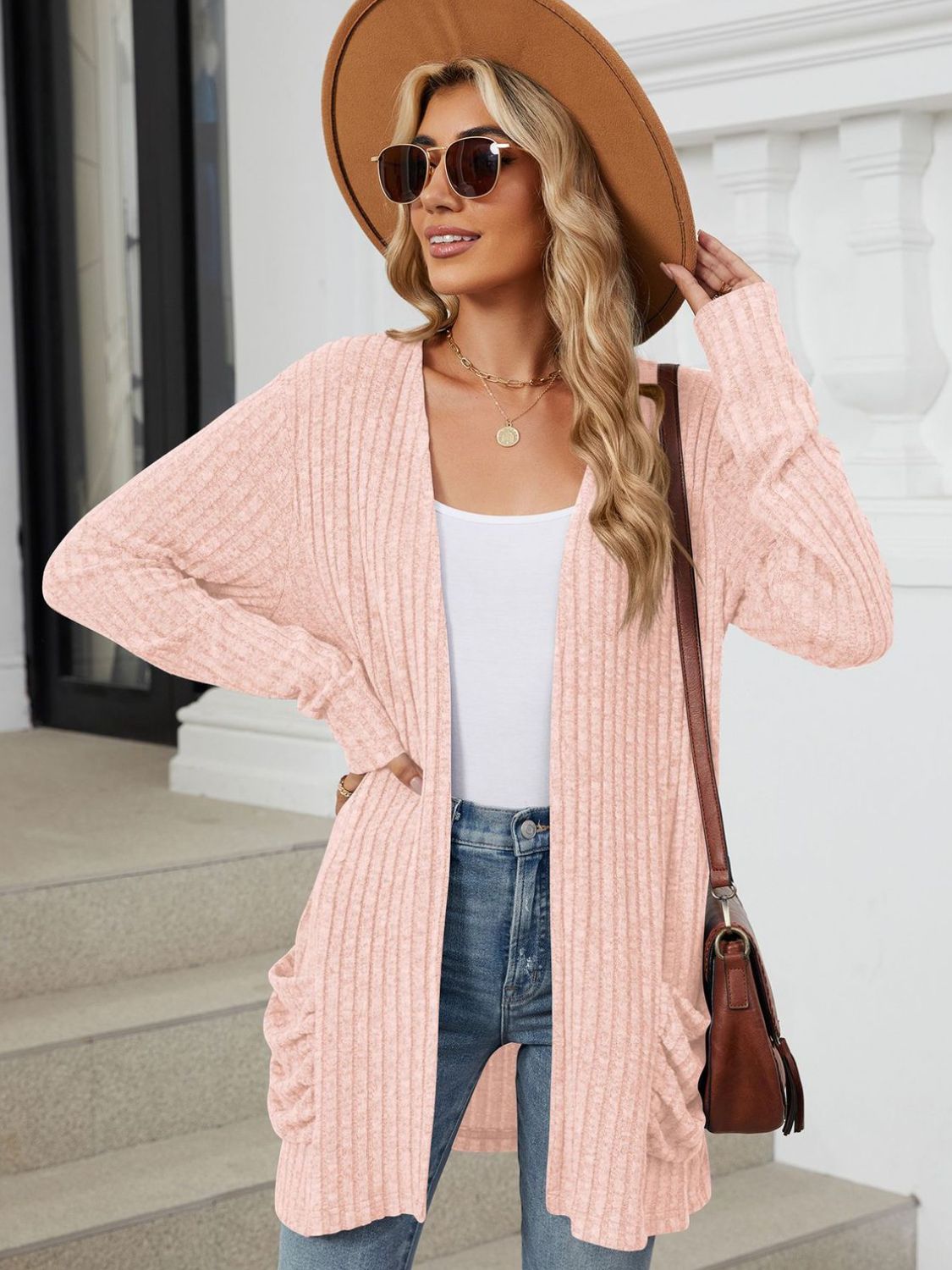 Pocketed Open Front Long Sleeve Cardigan Trendsi