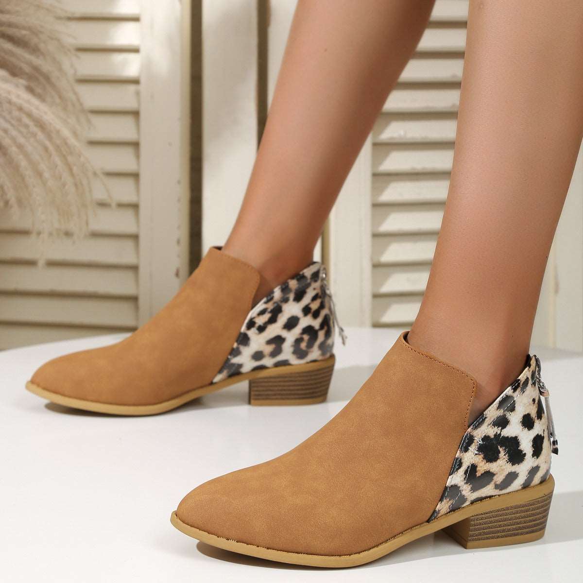 Fashion Leopard Print Boots Women's Pointed Thick Heels Back Zipper Shoes - House of Cardwell