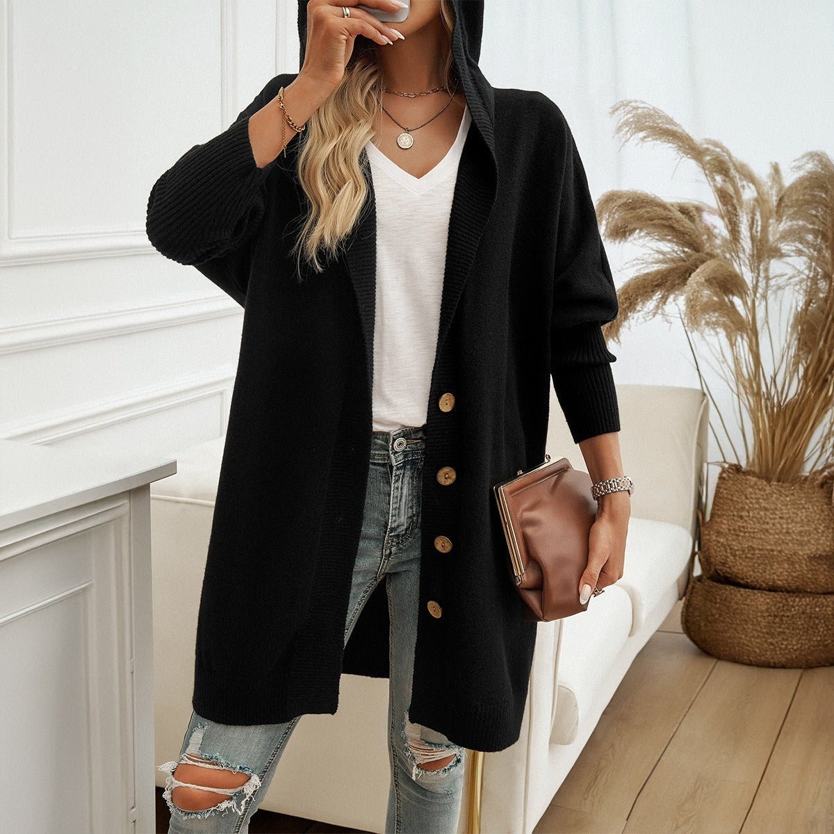 Autumn and Winter casual loose-breasted hooded cardigan breasted eprolo