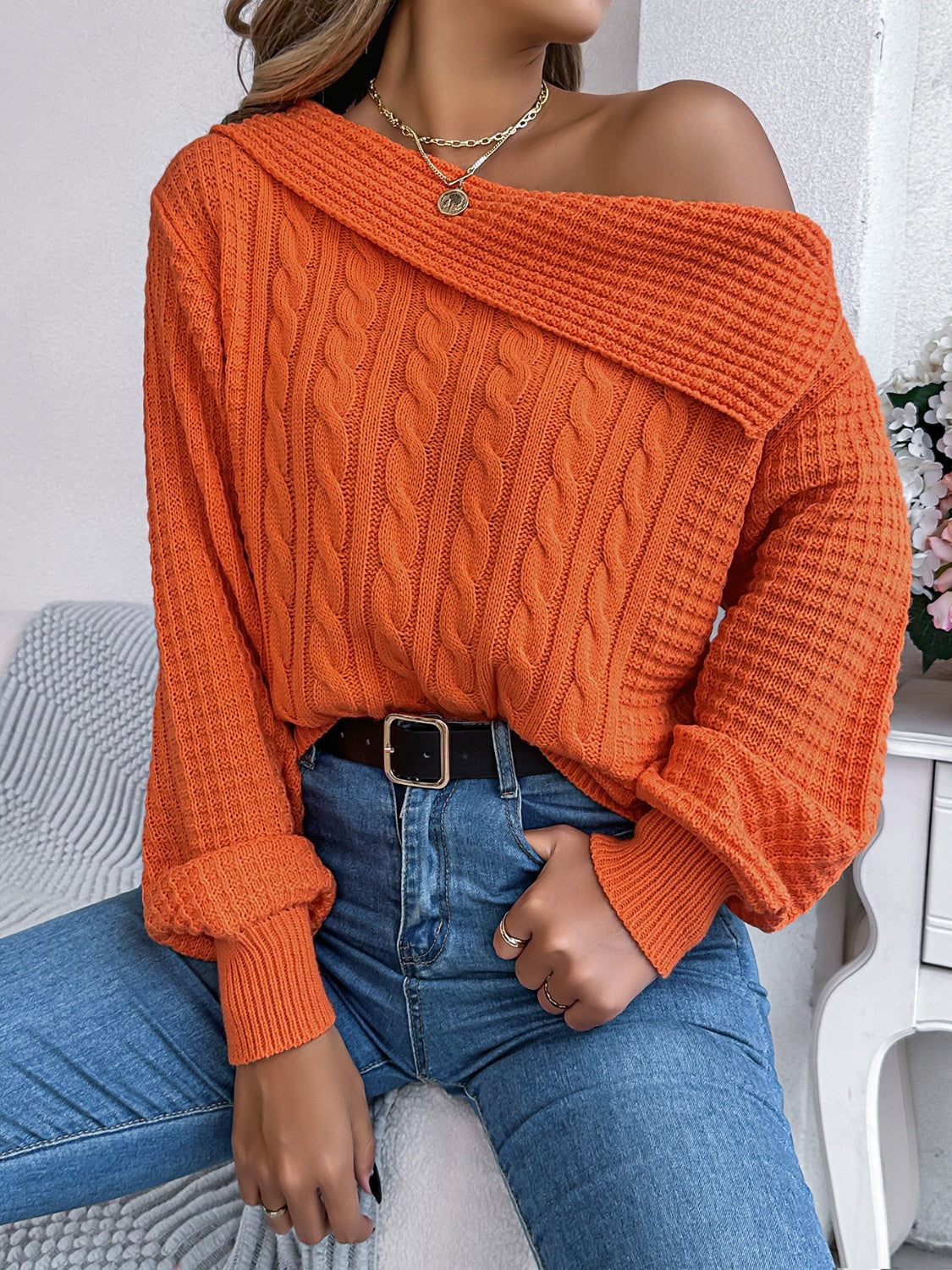 Cable-Knit One Shoulder Long Sleeve Sweater Trendsi