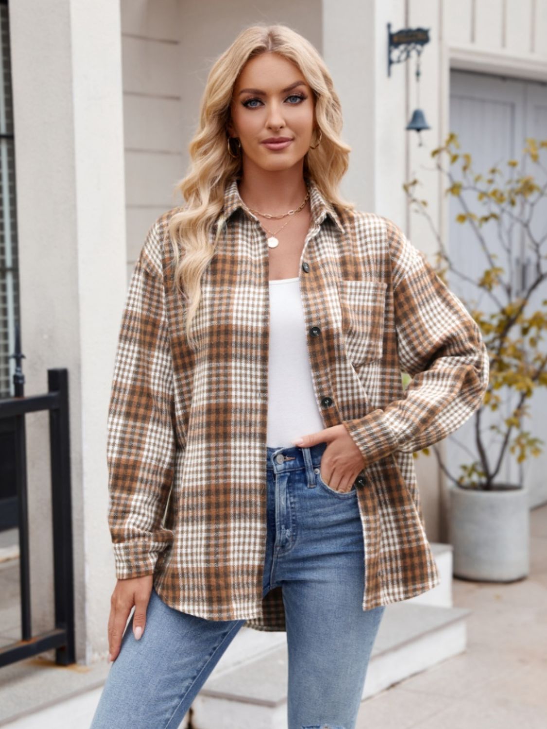 Throw -It-On Plaid Collared Neck Long Sleeve Shirt - House of Cardwell