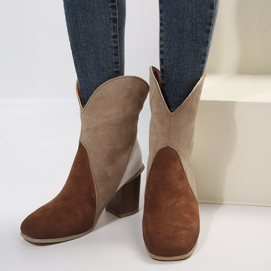 Suede Square Toe Block Heel Boots Trendsi